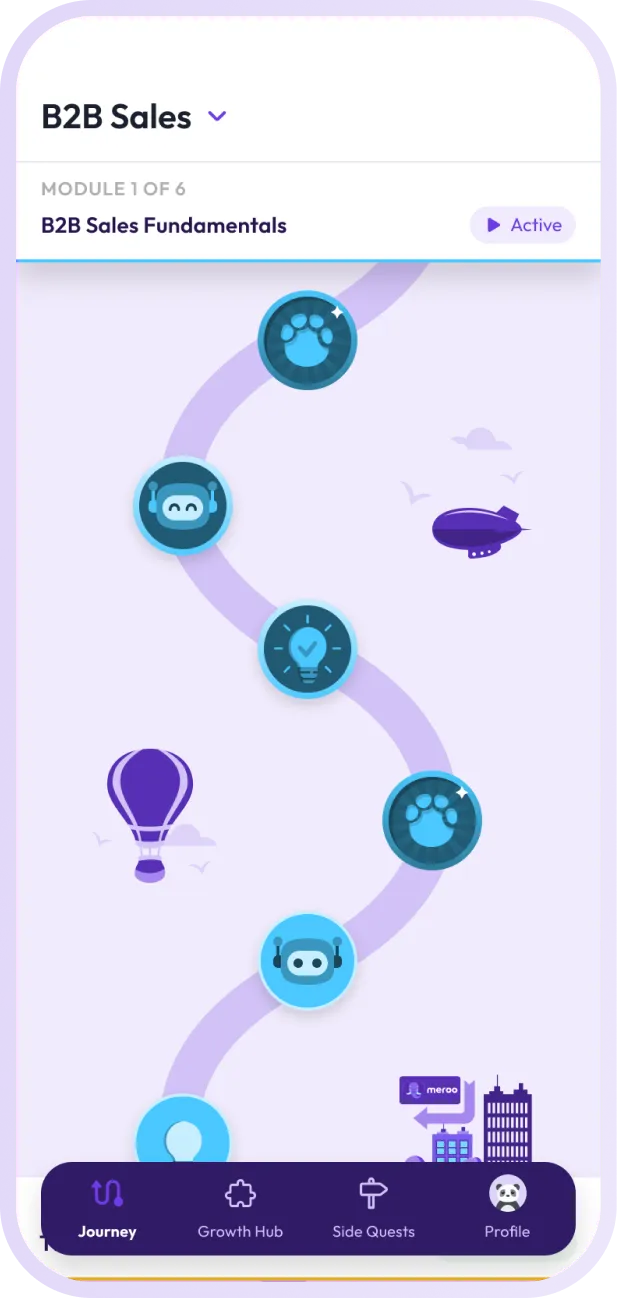 Meroo app showing a B2B Sales learning journey