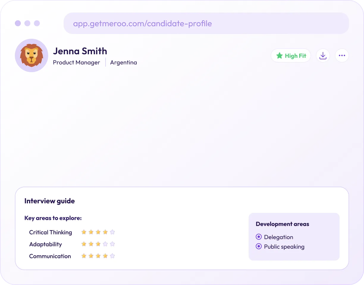 A Meroo candidate profile showing role fit, work style, and human skills