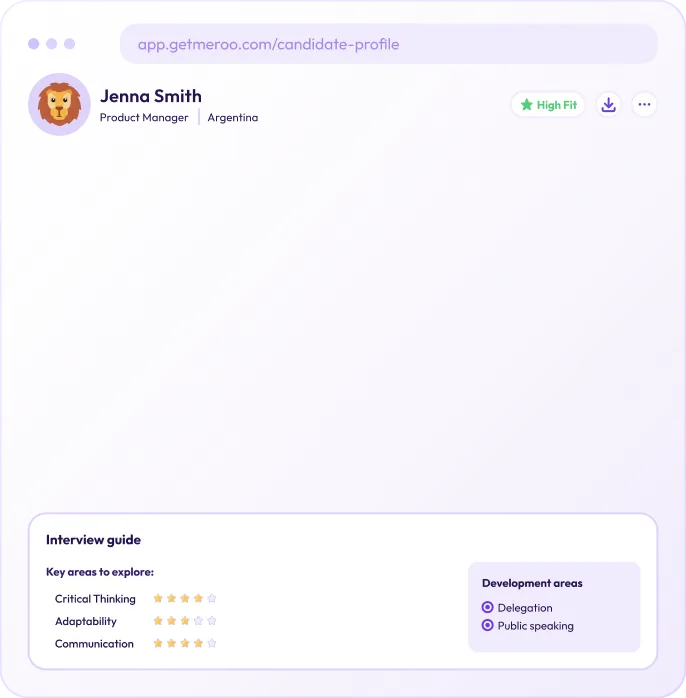 A Meroo candidate profile showing role fit, work style, and human skills