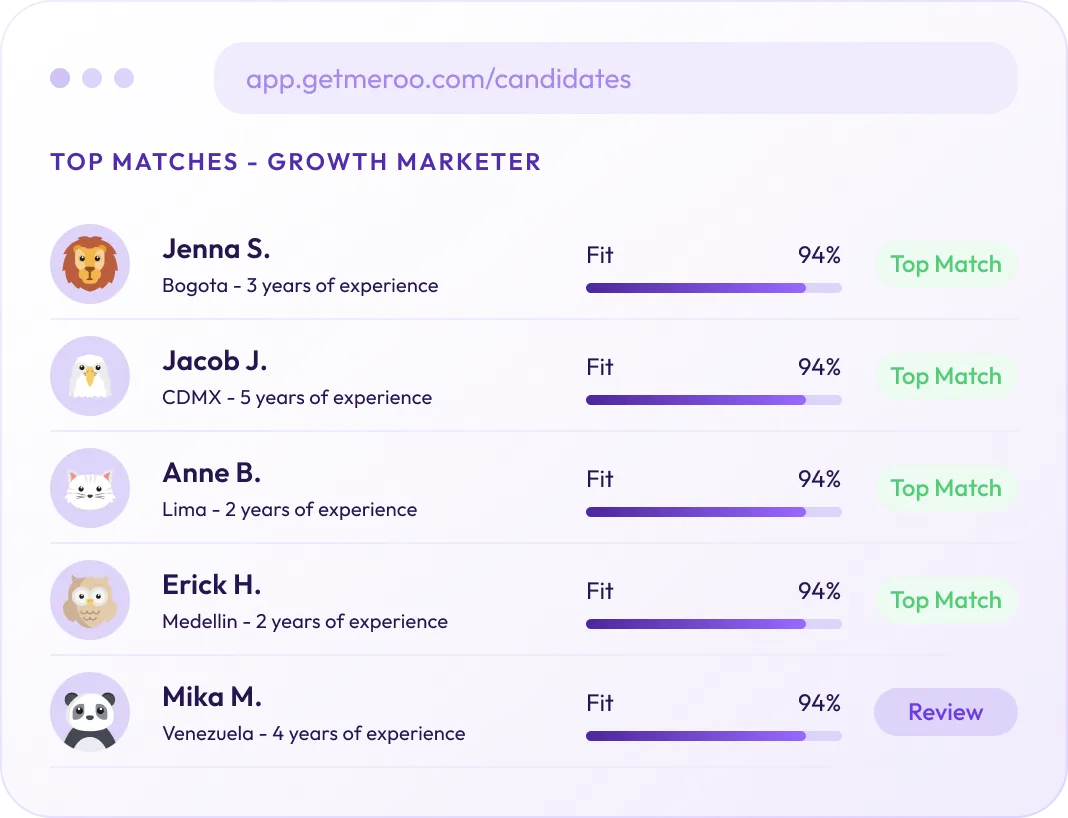 The Meroo app showing a ranked shortlist of matched candidates