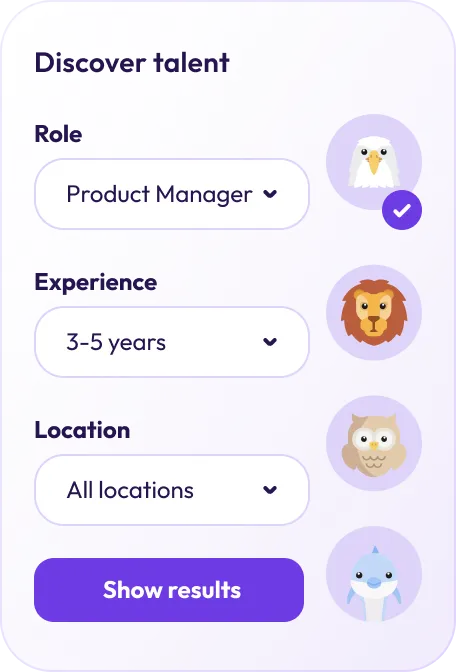 Meroo talent marketplace filters for role, experience, and location